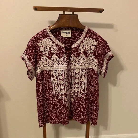 Savanna Jane Burgundy and White Embroidered Blouse - Picture 1 of 5